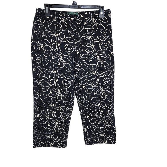 Lauren Ralph Lauren Womens Capri Pants Size 6 Black White Floral Crop Side Zip - Picture 1 of 6
